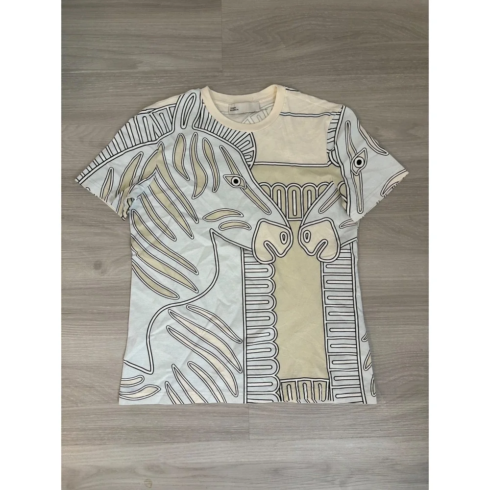Tory Burch Women Shirt Zebra Column Graphic Print T-Shirt Cream Blue Portugal XS